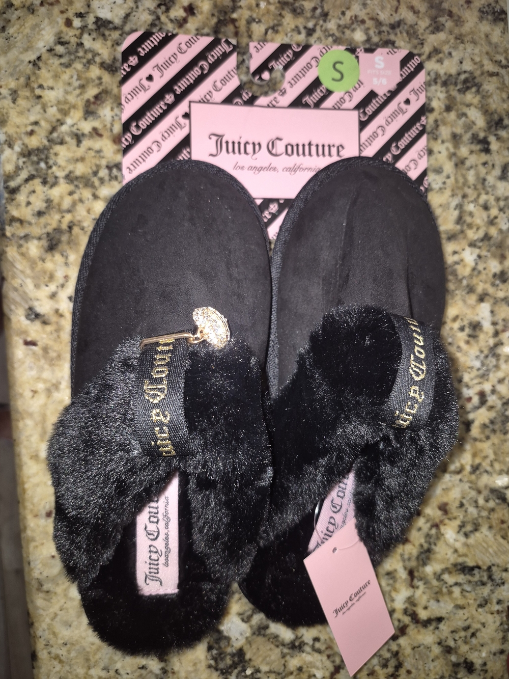 Juicy Couture Black Faux-Fur Slide Slippers with Gold Logo Charm